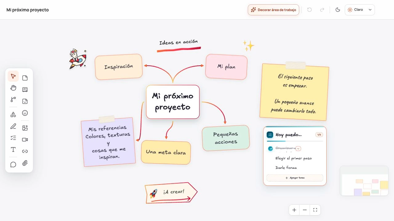 GeniusSpace interface: sample board with notes, connectors, stickers and the editing toolbar.