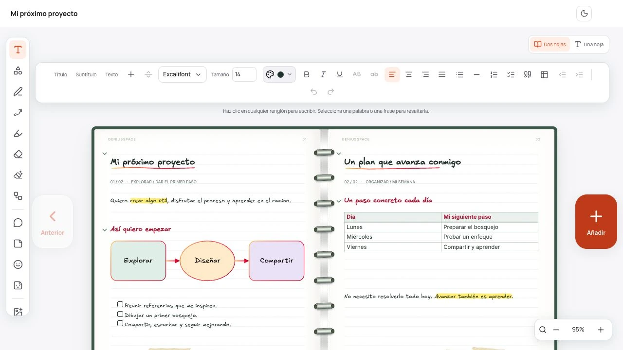 Sample notebook open in GeniusSpace with decorated pages and writing tools.