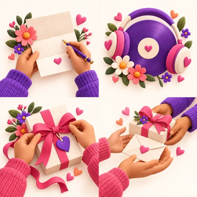 Nota de Amor illustrations: a dedication, headphones and gifts.